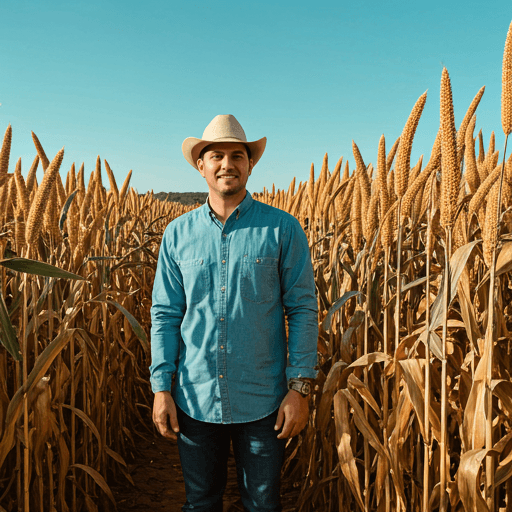 Produtor rural em campo de milho sorrindo